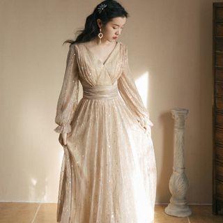 V-neck Sequined Midi A-line Dress