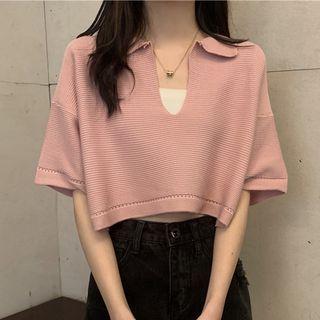 Collared V-neck Rib-knit Short-sleeve Cropped Top
