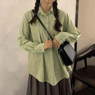Long Sleeve Plain Oversized Shirt Green - One Size
