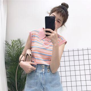 Sleeveless Striped Knit Polo Shirt