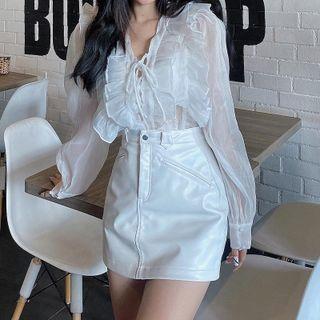 Long-sleeve Lace-up Frill Trim Top