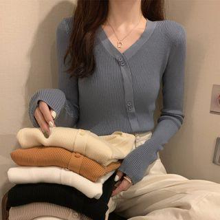 Long-sleeve Buttoned Asymmetrical V-neck Knit Top