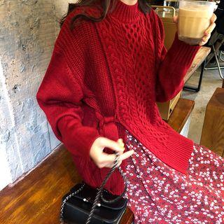 Cable Knit Sweater / Long-sleeve Floral Print Midi Chiffon Dress