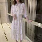 Elbow-sleeve Patterned Chiffon Ruffled A-line Midi Dress