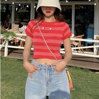 Striped Color Block Embroidered Cropped T-shirt Red - Stripe - One Size