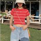 Striped Color Block Embroidered Cropped T-shirt Red - Stripe - One Size