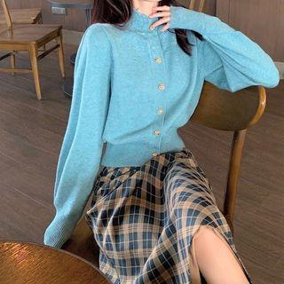 Plain Knit Cardigan / Plaid Midi Straight-fit Skirt
