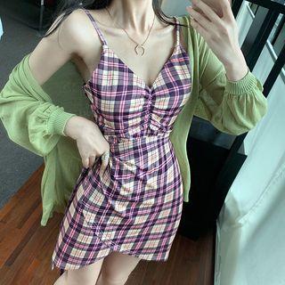 Spaghetti Strap Plaid Shirred Mini Split Dress