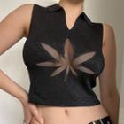 Sleeveless V-neck Collared Floral Mesh Panel Crop Top