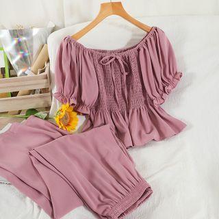 Set: Short-sleeve Smocked Top + Pants