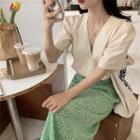 Short-sleeve Buttoned V-neck Blouse / Floral Print A-line Midi Skirt