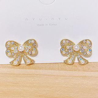 Bow Rhinestone Faux Pearl Earring Cs0134 - 1 Pair - Gold - One Size