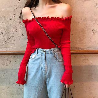 Off-shoulder Long-sleeve Frill-trim Knit Top