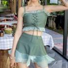 Set: Lace Up Tankini Top + Ruffle Swim Skirt
