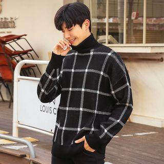 Turtle-neck Loose-fit Plaid Sweater