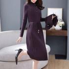 Set: Long-sleeve Knit Midi A-line Dress + Vest