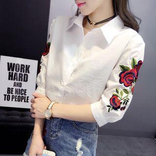 Set: Elbow-sleeve Embroidered Shirt + Mini A-line Denim Skirt