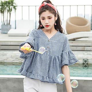 Plaid Ruffle Trim Elbow-sleeve Blouse