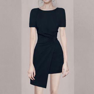 Short-sleeve Asymmetrical Wrap Mini Sheath Dress