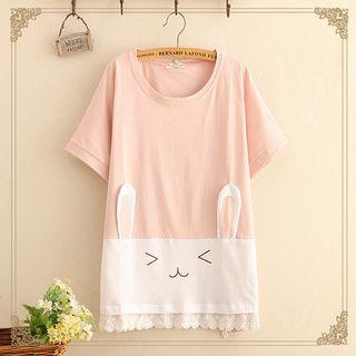 Lace Trim Color Block Short-sleeve T-shirt