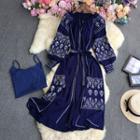 Set: Long-sleeve Patterned Midi A-line Dress + Camisole Top