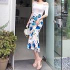 Set: Cold-shoulder Elbow-sleeve T-shirt + Flower Print Ruffle Hem Midi Pencil Skirt