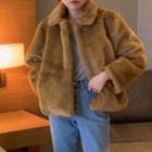 Long-sleeve Faux Fur Coat Coffee - One Size