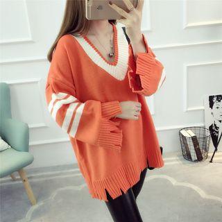Ripped V-neck Contrast Trim Long Sweater