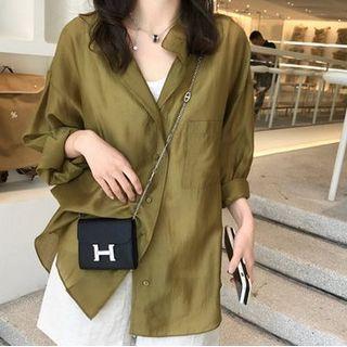 Long-sleeve Plain Button-up Loose Fit Sheer Shirt