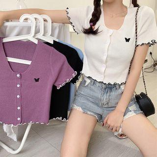 Contrast Trim Ruffled Butterfly Embroidered Knit Top