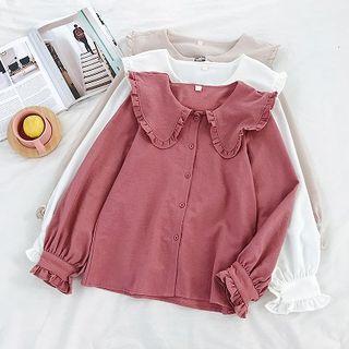 Plain Single-breasted Peter-pan Collar Long-sleeve Top