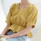 Short-sleeve Check Square Neck Blouse Yellow - One Size