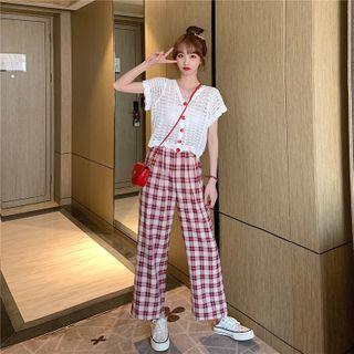 Short-sleeve Pointelle Knit Cardigan / Plaid Straight-cut Pants