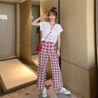 Short-sleeve Pointelle Knit Cardigan / Plaid Straight-cut Pants