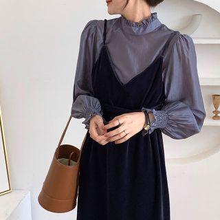 Mock Two-piece Long-sleeve Midi A-line Velvet Dress