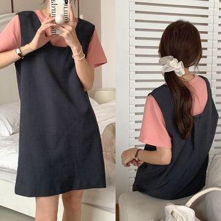 V-neck Mini Overall Dress Dress - Dark Gray - One Size