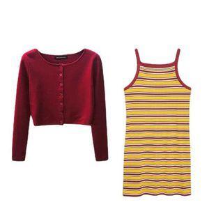 Strappy Striped Sheath Dress / Light Jacket / Set