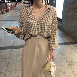 Long-sleeve Plaid Shirt / Belted A-line Skirt / Set
