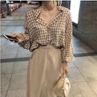 Long-sleeve Plaid Shirt / Belted A-line Skirt / Set