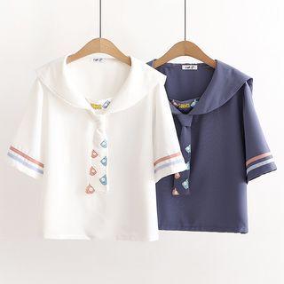Short-sleeve Collar Fish Print T-shirt