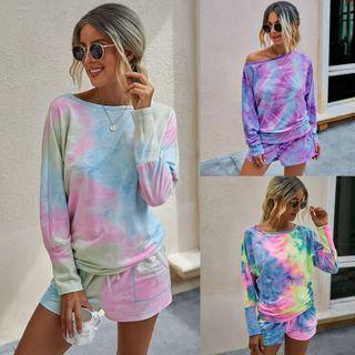 Set: Long Sleeve Tie Dye Printed T-shirt + Drawstring Shorts
