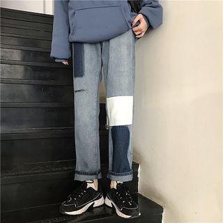 Color Block Ripped Straight-cut Jeans