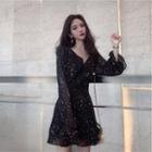 Long-sleeve V-neck Star Printed Chiffon Mini Dress