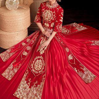 Set: Embroidered Chinese Wedding Cheongsam + Maxi Skirt