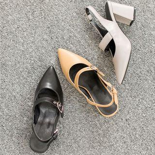 Belted-detail Sling-back Kitten-heel Pumps