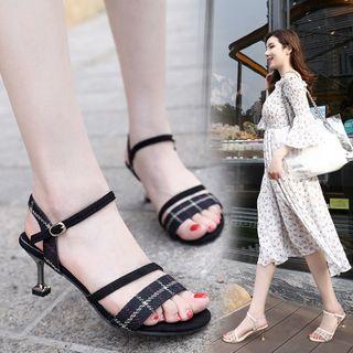 Plaid Fabric Kitten Heel Sandals