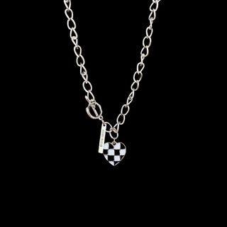 Heart Checker Pendant Alloy Necklace 1pc - Silver & Black & White - One Size