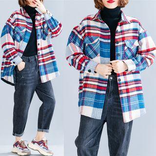 Long-sleeve Loose-fit Check Shirt Red Grid - One Size