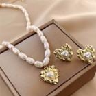 Heart Pendant Freshwater Pearl Alloy Necklace / Dangle Earring