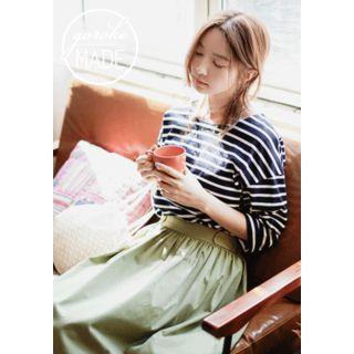 Round-neck 3/4-sleeve Striped Top